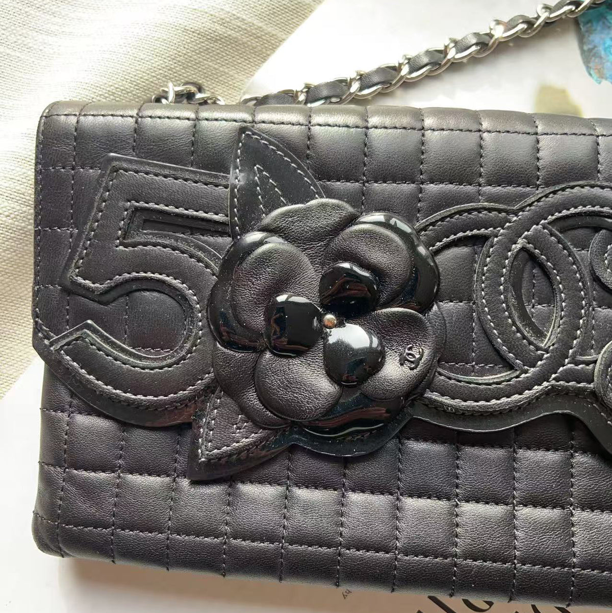 Chanel Black Square Quilted Patent & Leather Camellia No.5 Flap Bag