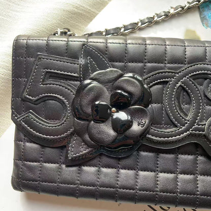 Chanel Black Square Quilted Patent & Leather Camellia No.5 Flap Bag