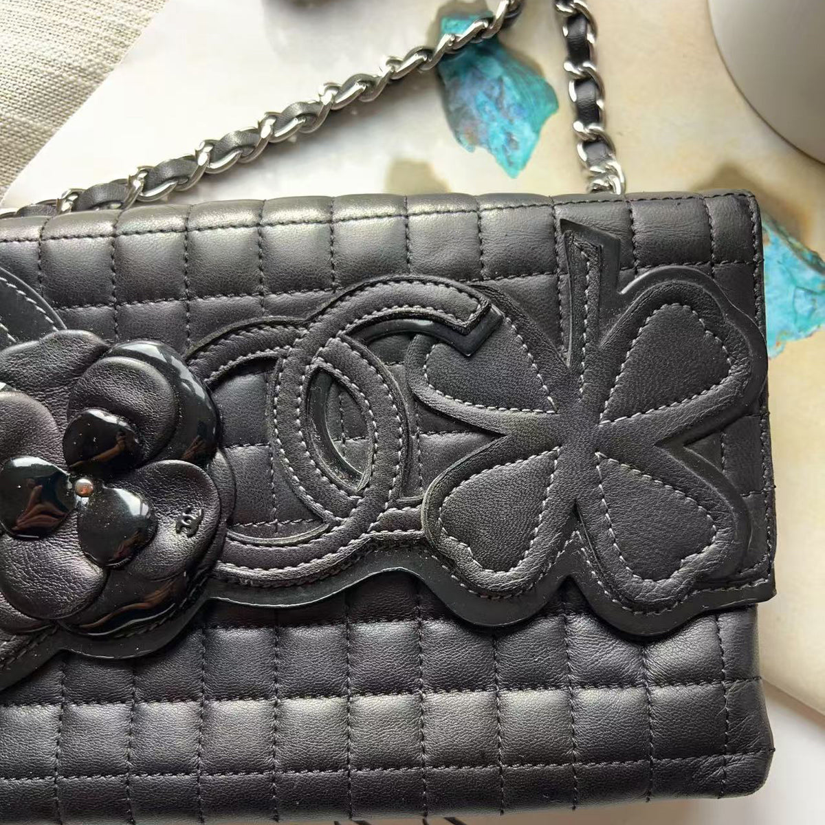 Chanel Black Square Quilted Patent & Leather Camellia No.5 Flap Bag