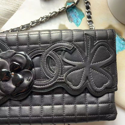 Chanel Black Square Quilted Patent & Leather Camellia No.5 Flap Bag