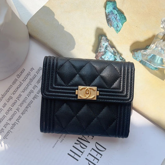 Chanel Boy Trifold Compact Wallet in Black Caviar