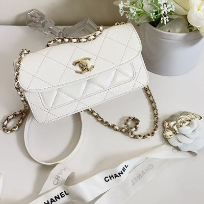 Chanel CC Front Pocket Flap Bag Stitched Calfskin Small White