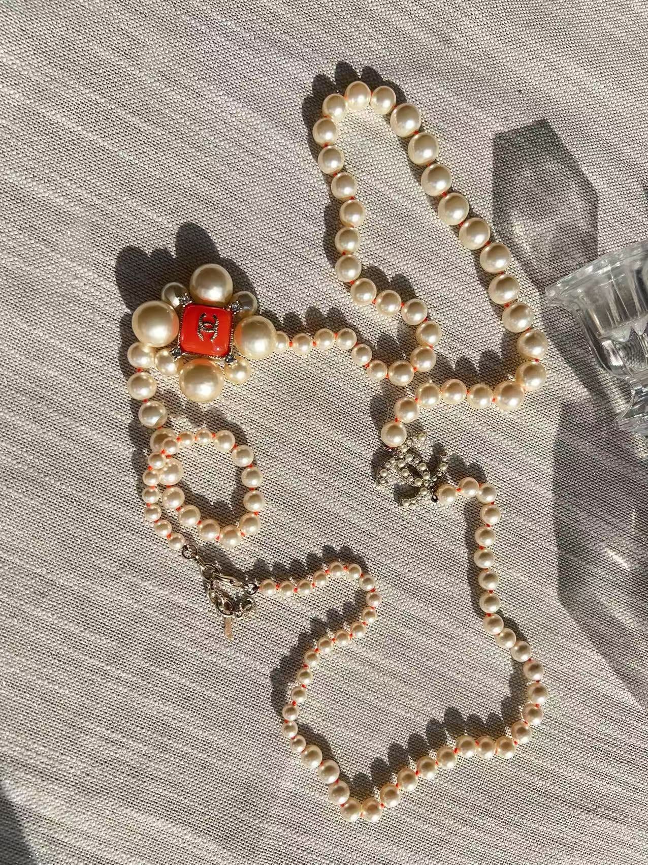 Chanel CC Logo Pearls Orange Stone Vintage 42” Long Necklace