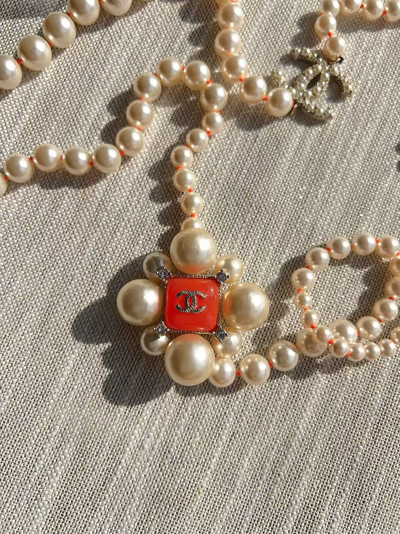 Chanel CC Logo Pearls Orange Stone Vintage 42” Long Necklace