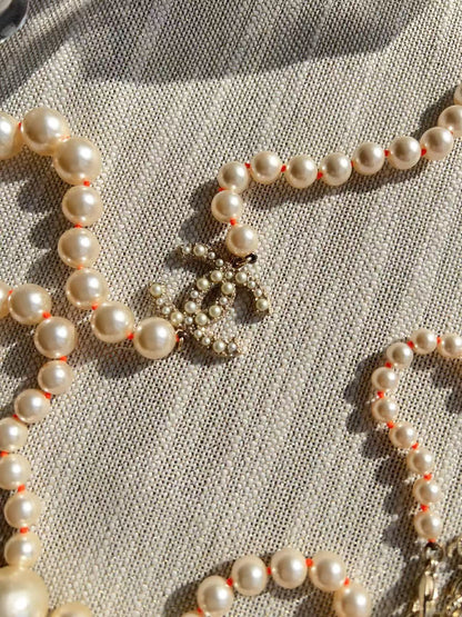 Chanel CC Logo Pearls Orange Stone Vintage 42” Long Necklace