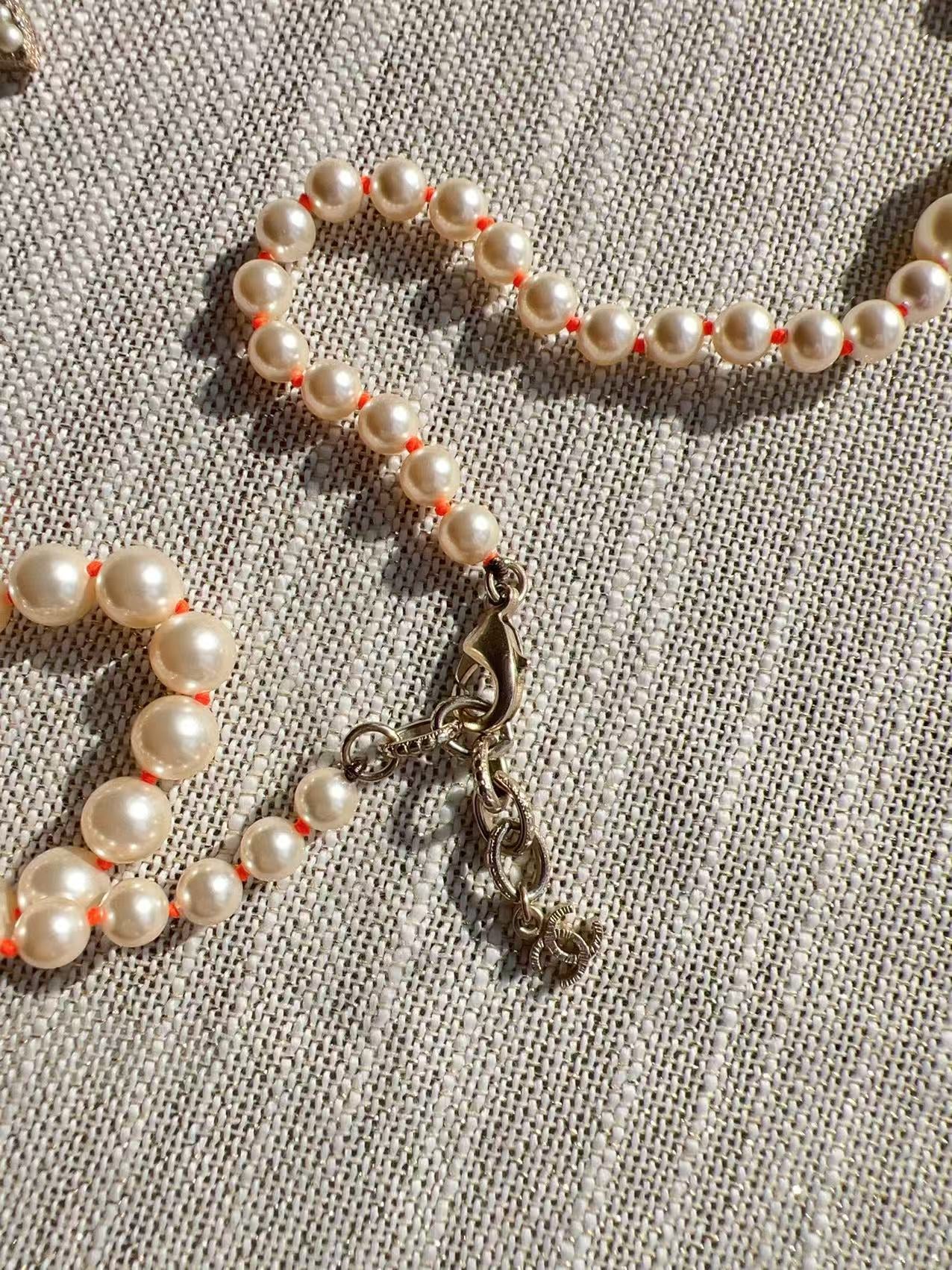 Chanel CC Logo Pearls Orange Stone Vintage 42” Long Necklace