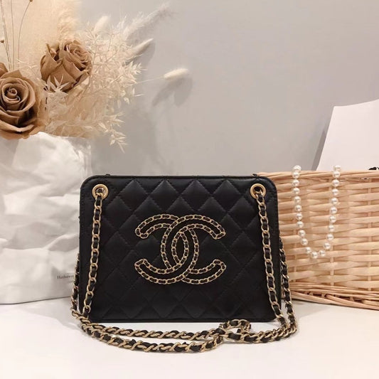 Chanel Calfskin Quilted CC Chain Accordion Tote Black Bag
