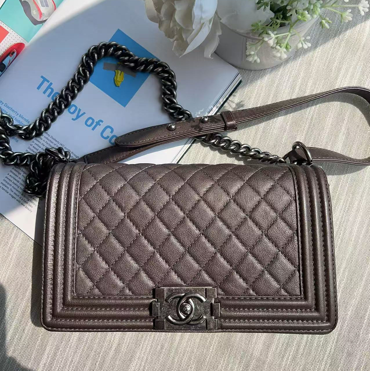 Chanel Calfskin Quilted Medium Boy Flap Dark Silver