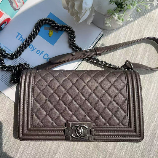 Chanel Calfskin Quilted Medium Boy Flap Dark Silver