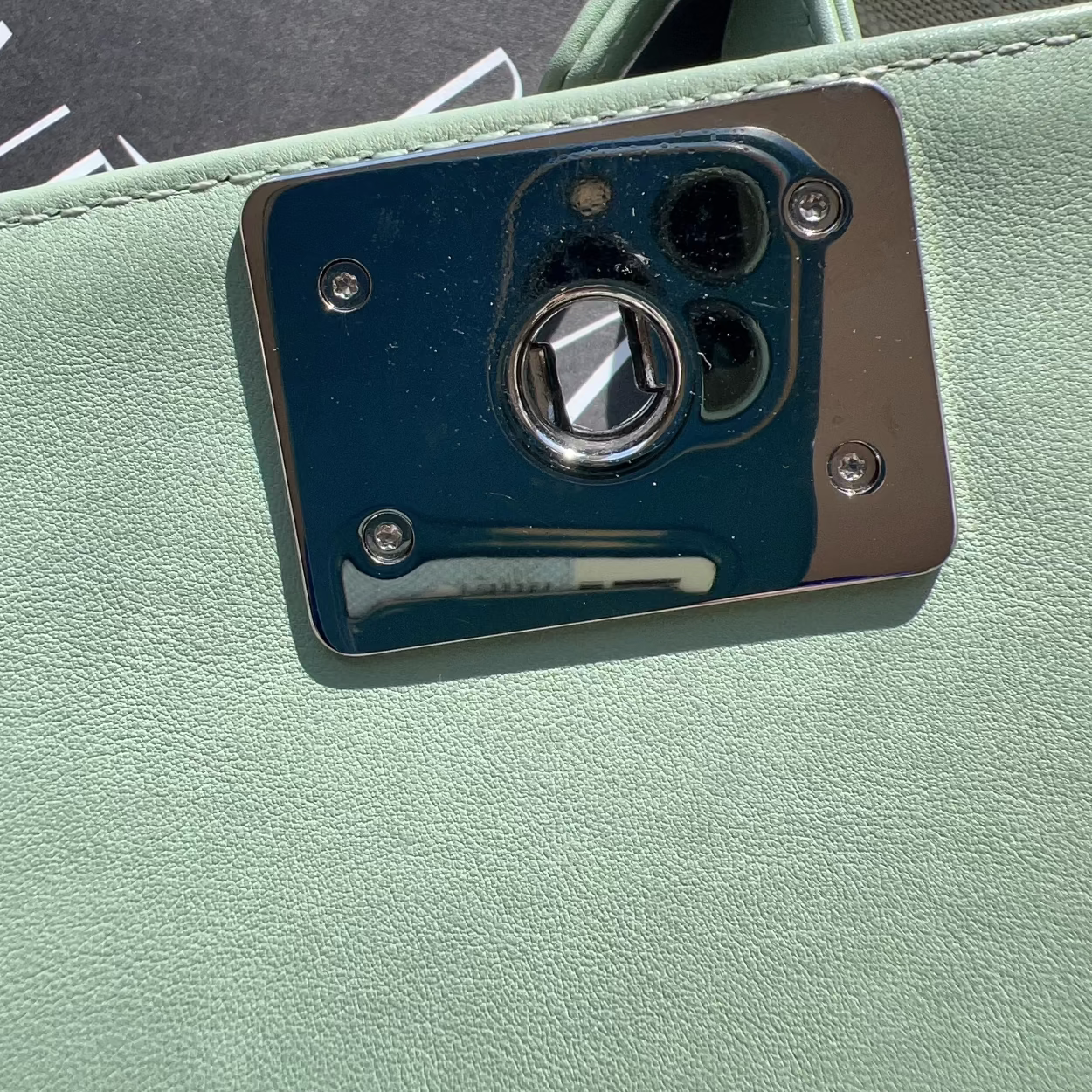 Close-up of a green leather bag with a metal clasp on a gray surface.