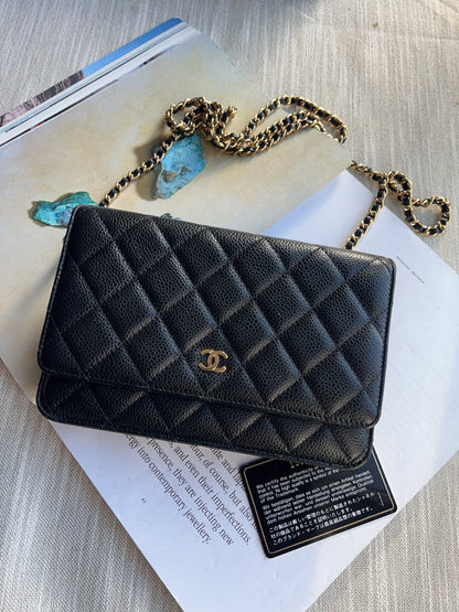 Chanel Caviar Classic Wallet On Chain Black Gold