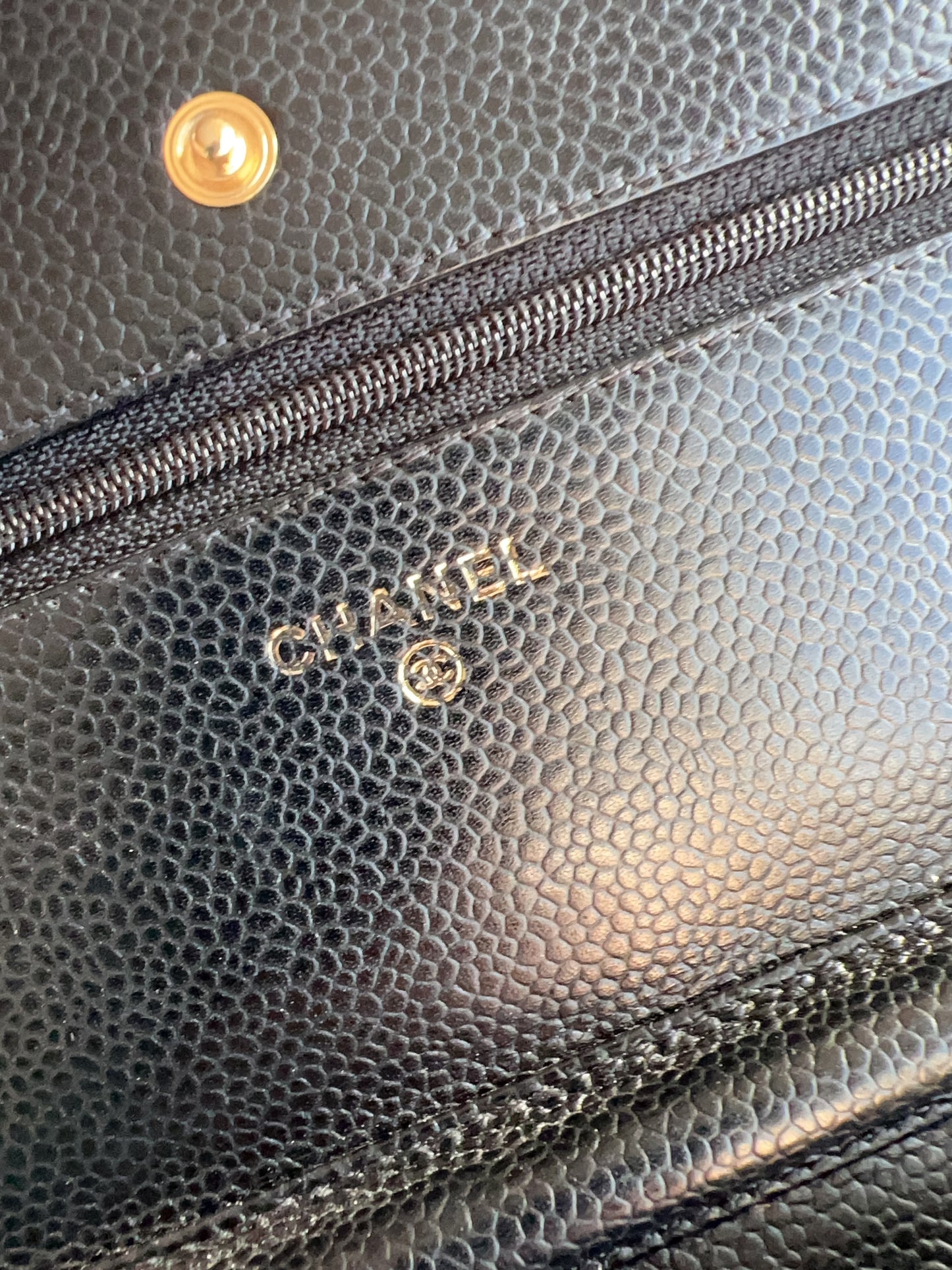 Chanel Caviar Classic Wallet On Chain Black Gold