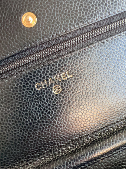 Chanel Caviar Classic Wallet On Chain Black Gold