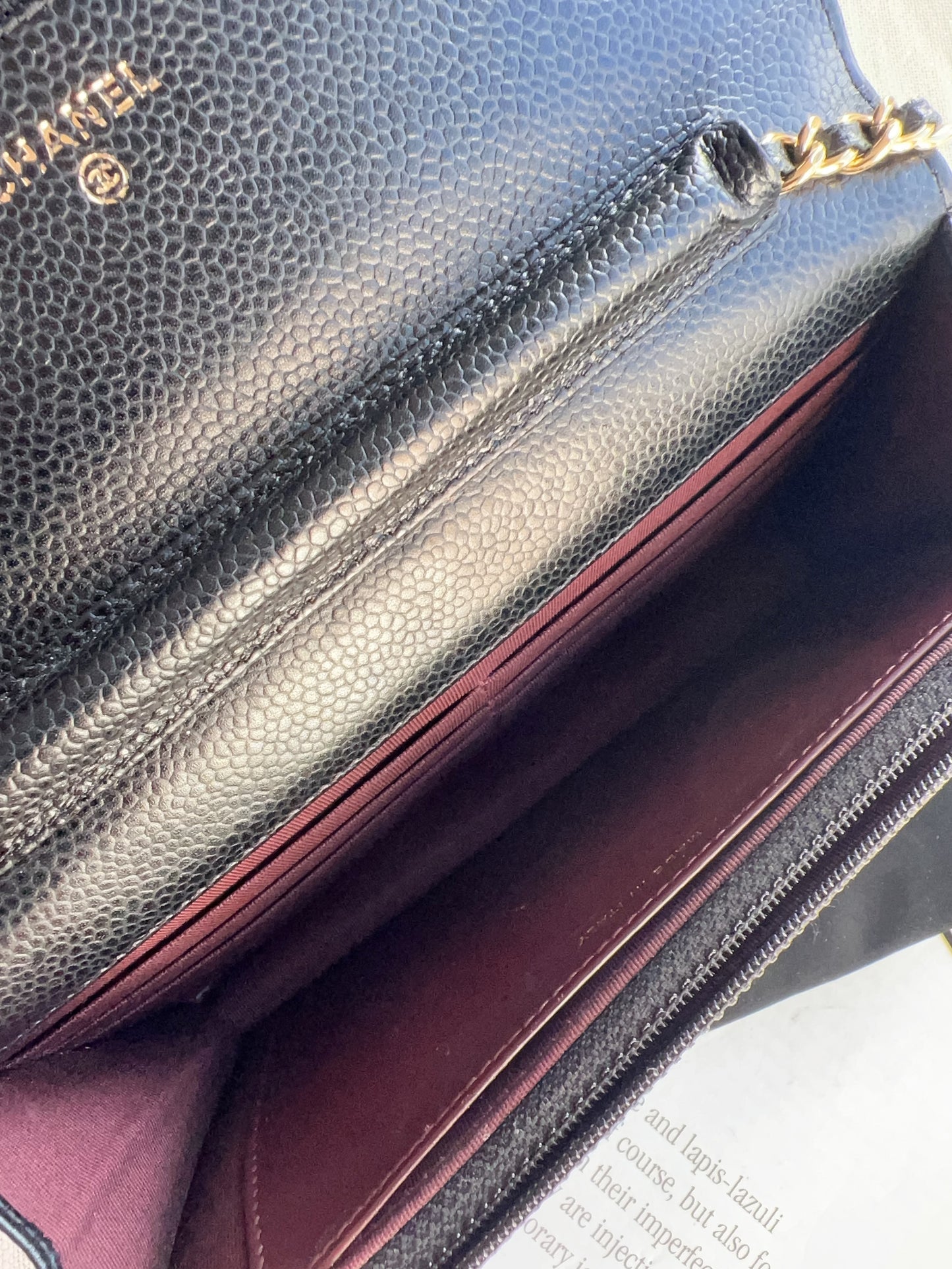 Chanel Caviar Classic Wallet On Chain Black Gold