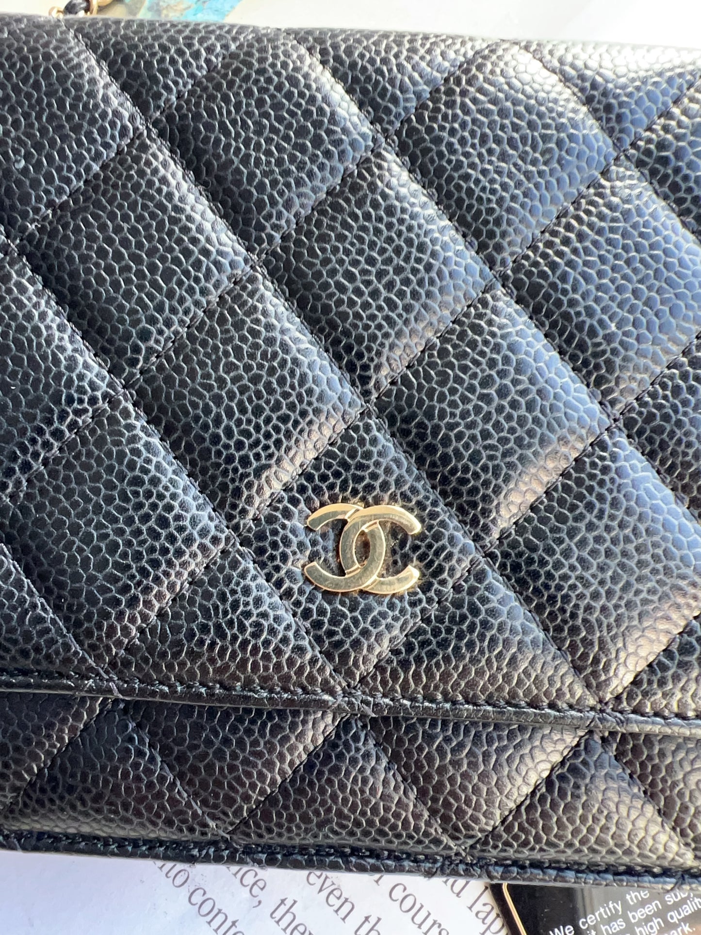 Chanel Caviar Classic Wallet On Chain Black Gold
