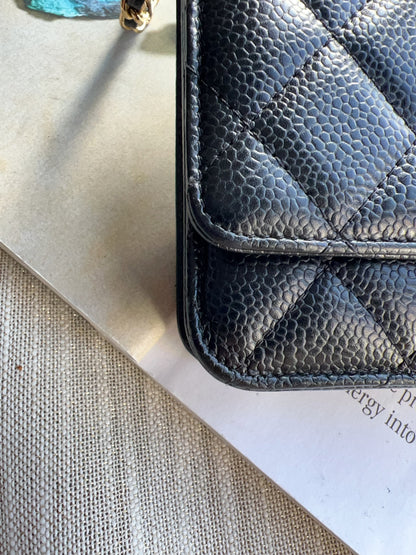 Chanel Caviar Classic Wallet On Chain Black Gold