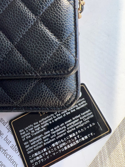 Chanel Caviar Classic Wallet On Chain Black Gold