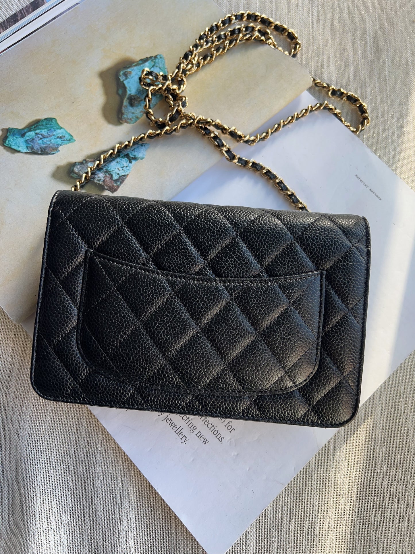 Chanel Caviar Classic Wallet On Chain Black Gold