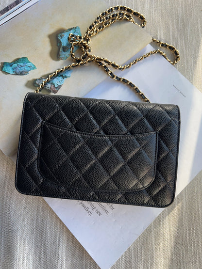 Chanel Caviar Classic Wallet On Chain Black Gold