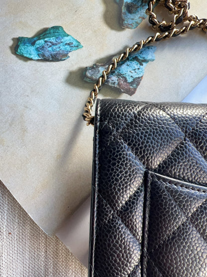 Chanel Caviar Classic Wallet On Chain Black Gold