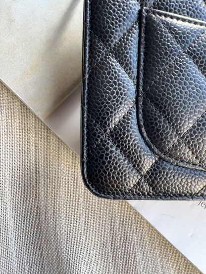 Chanel Caviar Classic Wallet On Chain Black Gold