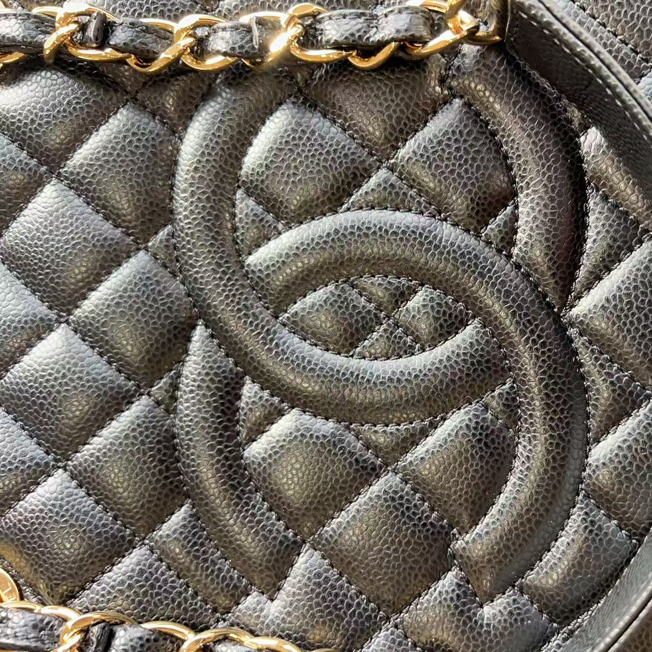 Chanel Caviar GST Black Quilted Shopping Tote Gold