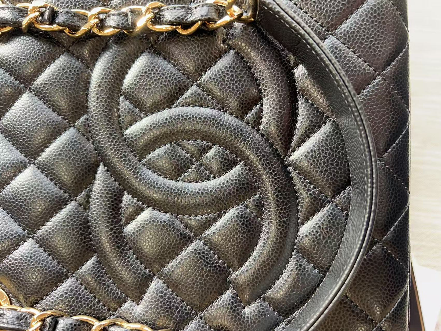 Chanel Caviar GST Black Quilted Shopping Tote Gold