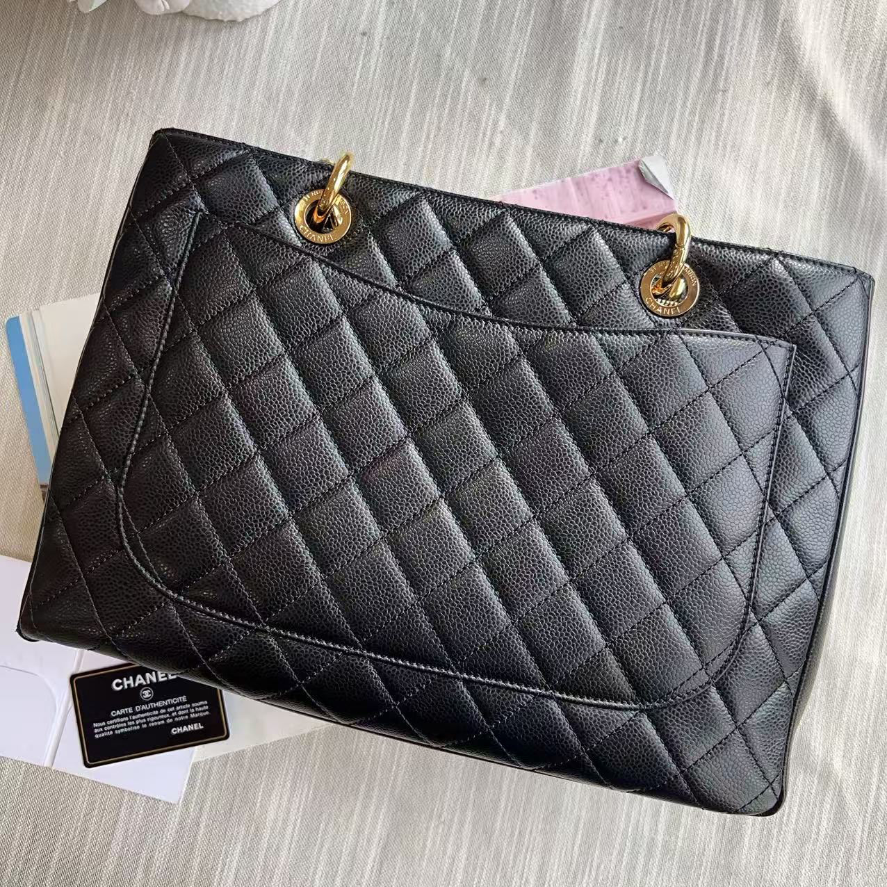Chanel Caviar GST Black Quilted Shopping Tote Gold