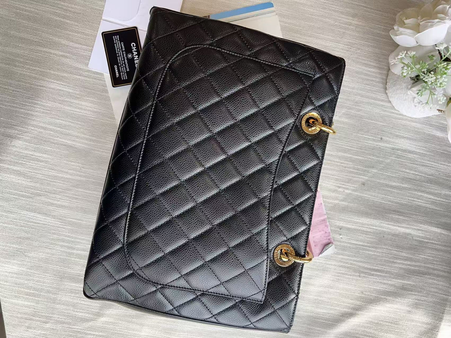 Chanel Caviar GST Black Quilted Shopping Tote Gold