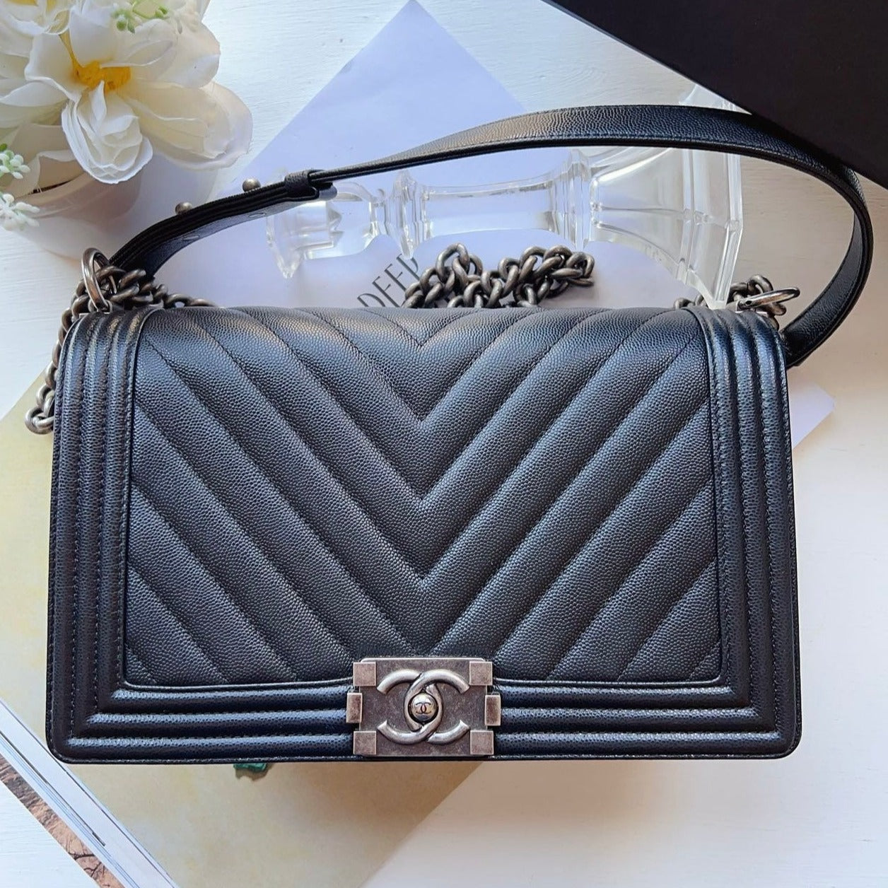 Chanel Black Caviar New Medium Chevron Boy Bag