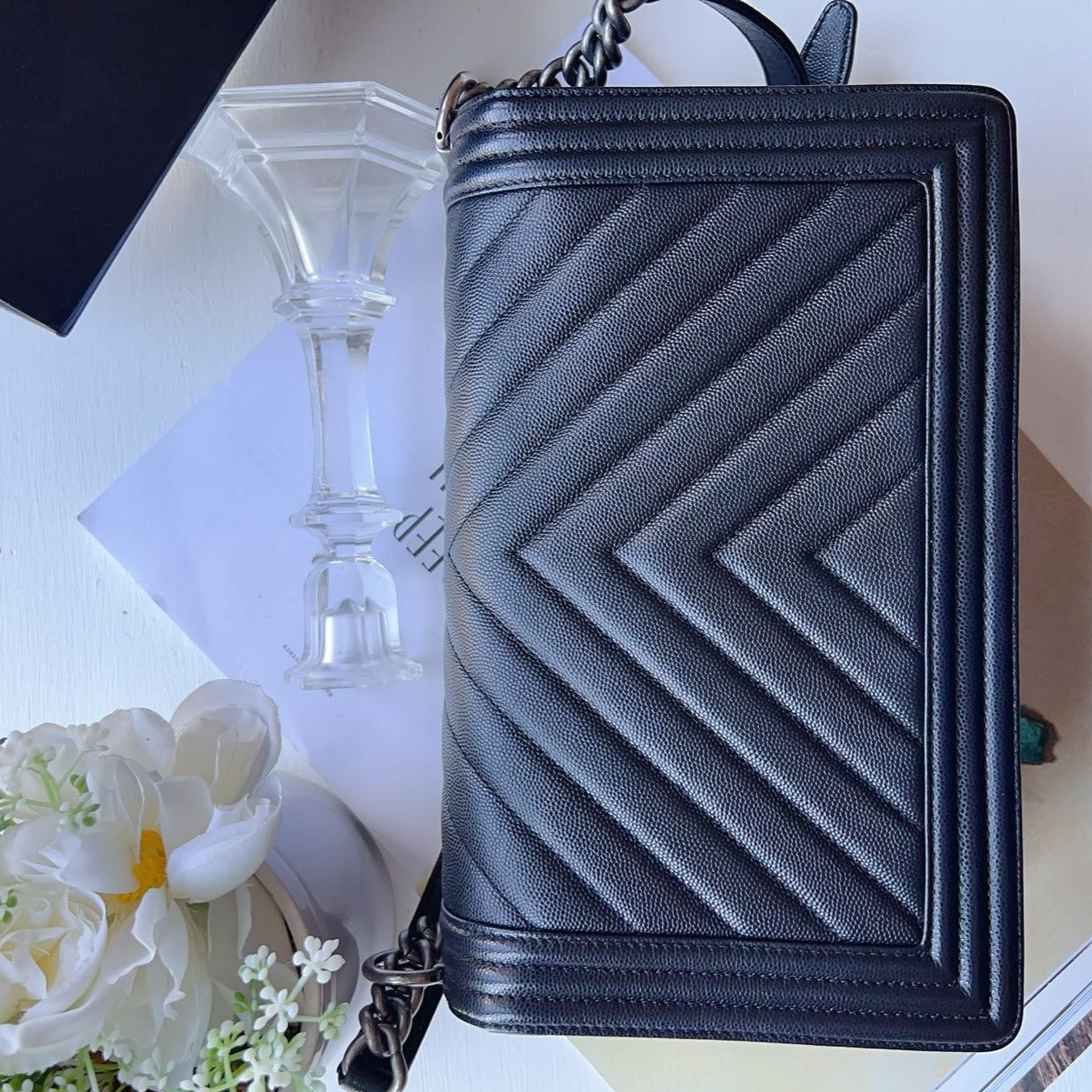 Chanel Black Caviar New Medium Chevron Boy Bag