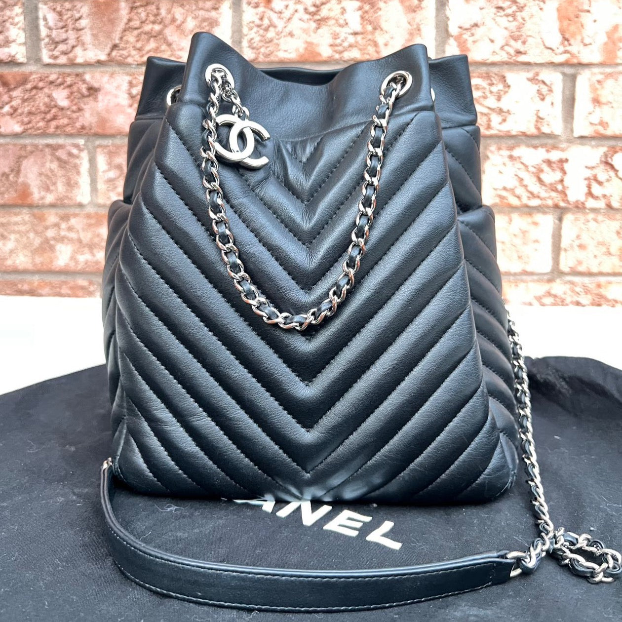 Chanel Chevron Urban Spirit Drawstring Bucket Backpack Black