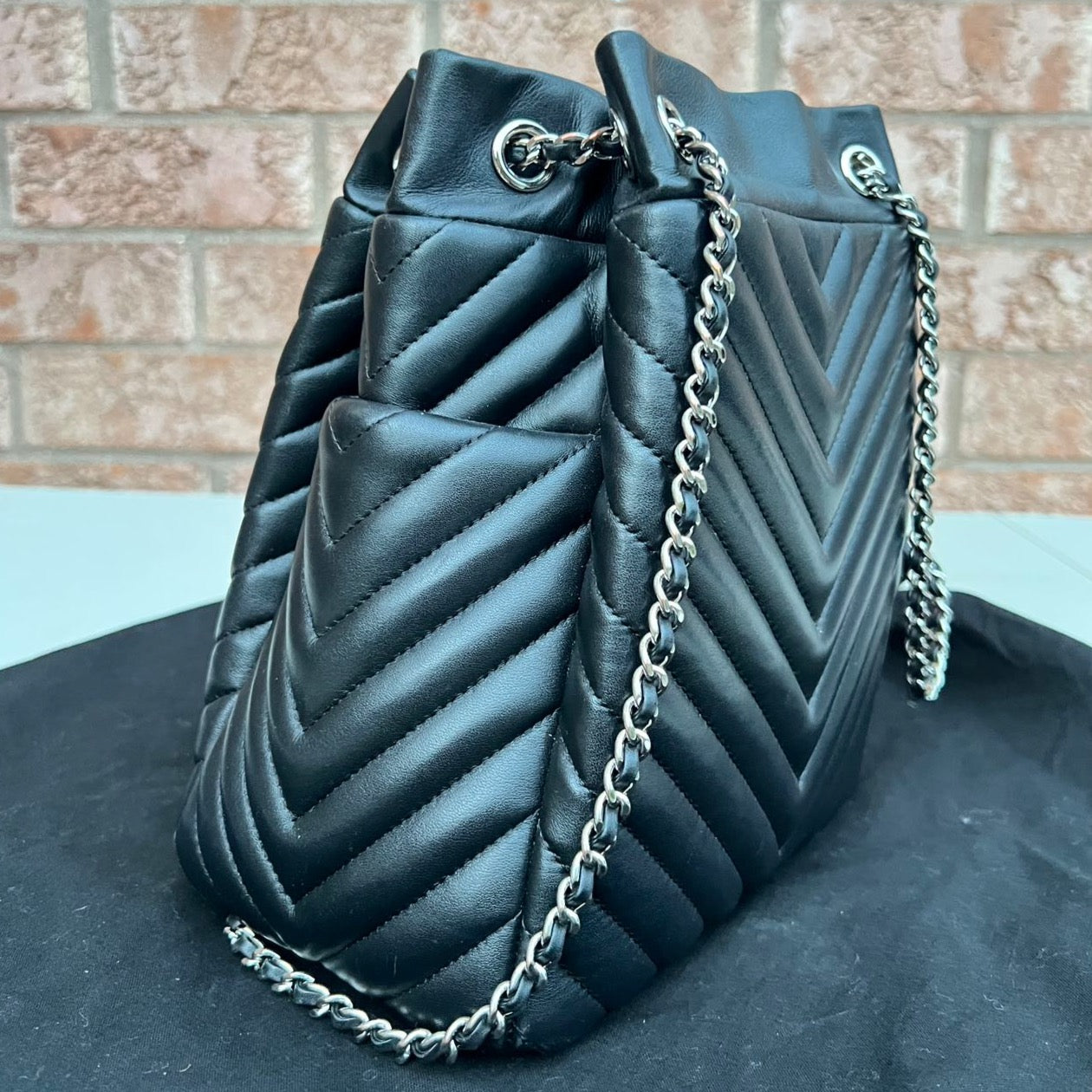 Chanel Chevron Urban Spirit Drawstring Bucket Backpack Black