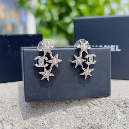 Chanel Crystal CC Star Earrings Silver