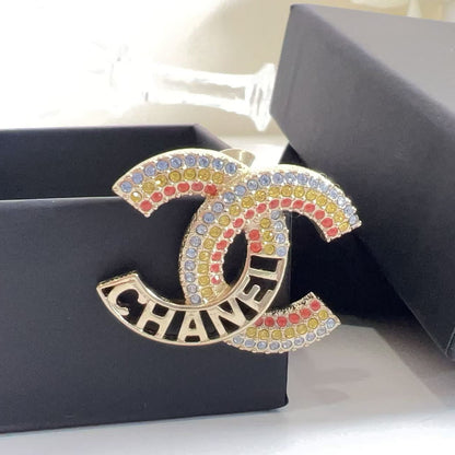 Chanel Crystal Rainbow Logo CC Brooch Gold Multicolor