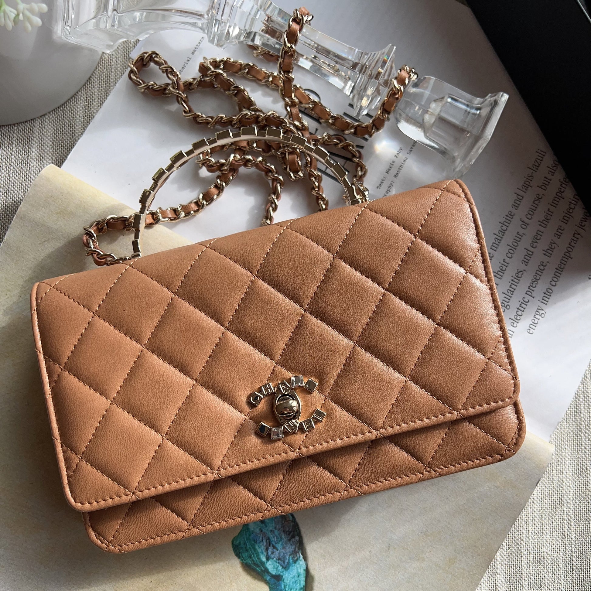 Chanel Lambskin Crystal CC and Top Handle Camel –