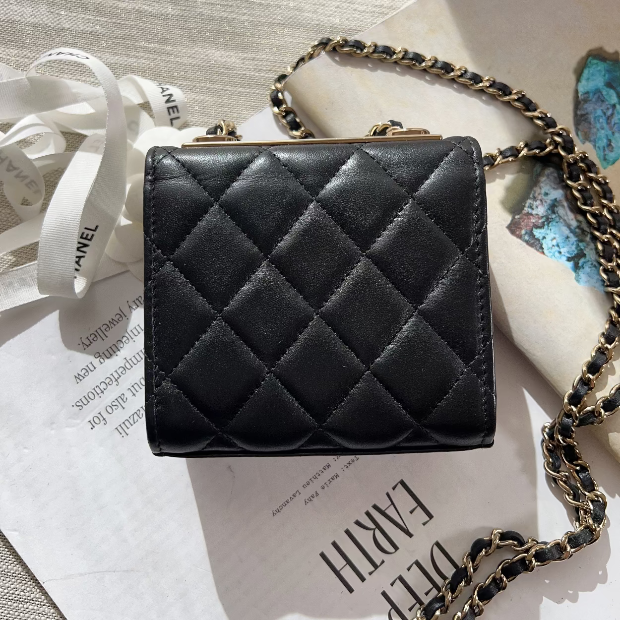 Chanel Lambskin Quilted Trendy CC Card Holder On Chain Black