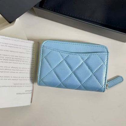 Chanel Lambskin Quilted Zip Around Coin Purse Wallet Light Blue