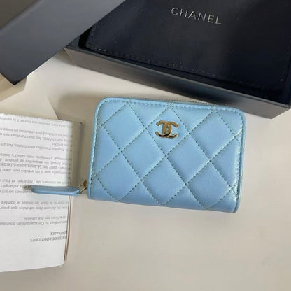 Chanel Lambskin Quilted Zip Around Coin Purse Wallet Light Blue