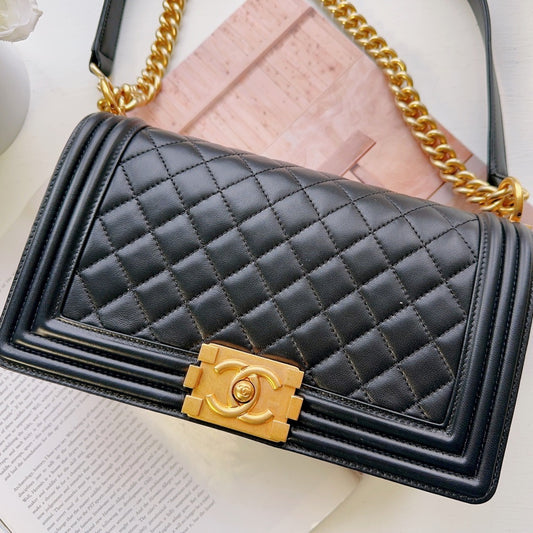 Chanel Le Boy Old Medium Lambskin Black Gold Bag