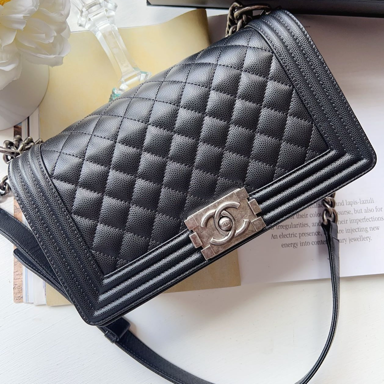 Chanel Medium Caviar Black Boy Bag Silver