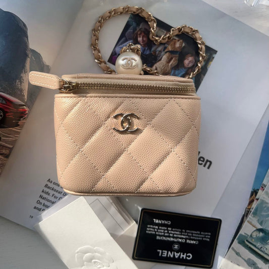 Chanel Mini Pearl Vanity Beige Caviar Iridescent Light Gold Hardware