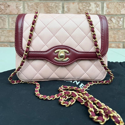 Chanel Lambskin Quilted Mini Two Tone Day Flap Pink Burgundy Bag