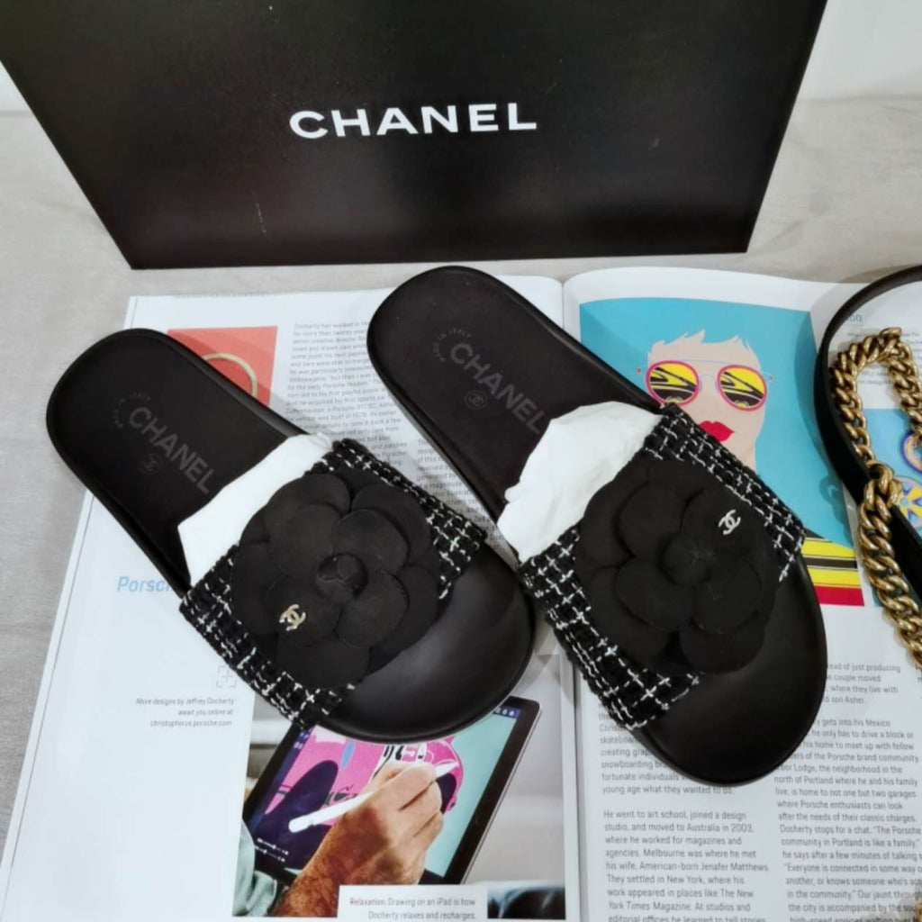 Chanel Mules Tweed Grosgrain Black Green Sandals Size36