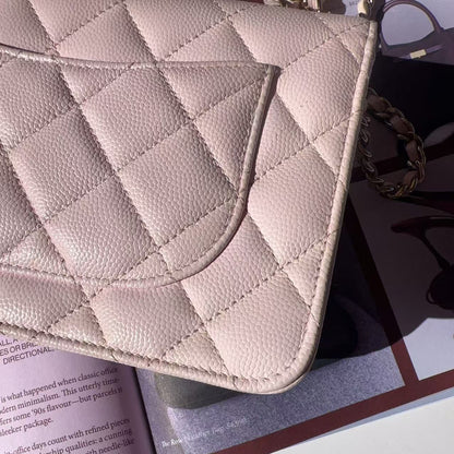 Chanel Peach Quilted Caviar Leather CC Flap Wallet on Chain