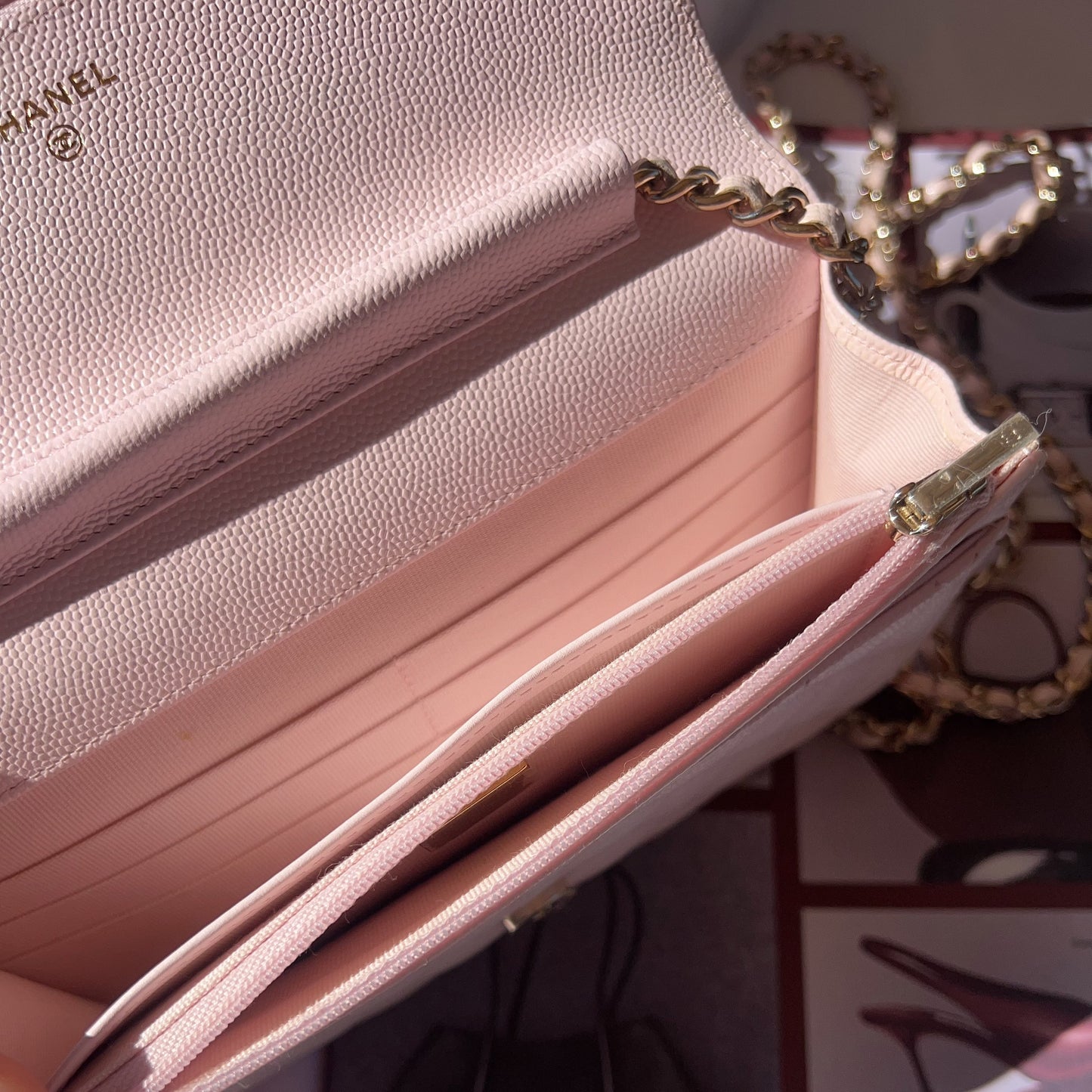 Chanel Peach Quilted Caviar Leather CC Flap Wallet on Chain