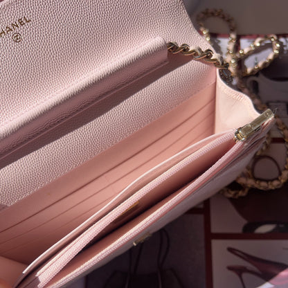Chanel Peach Quilted Caviar Leather CC Flap Wallet on Chain