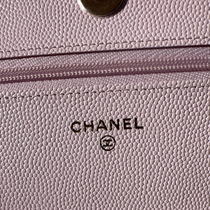 Chanel Peach Quilted Caviar Leather CC Flap Wallet on Chain