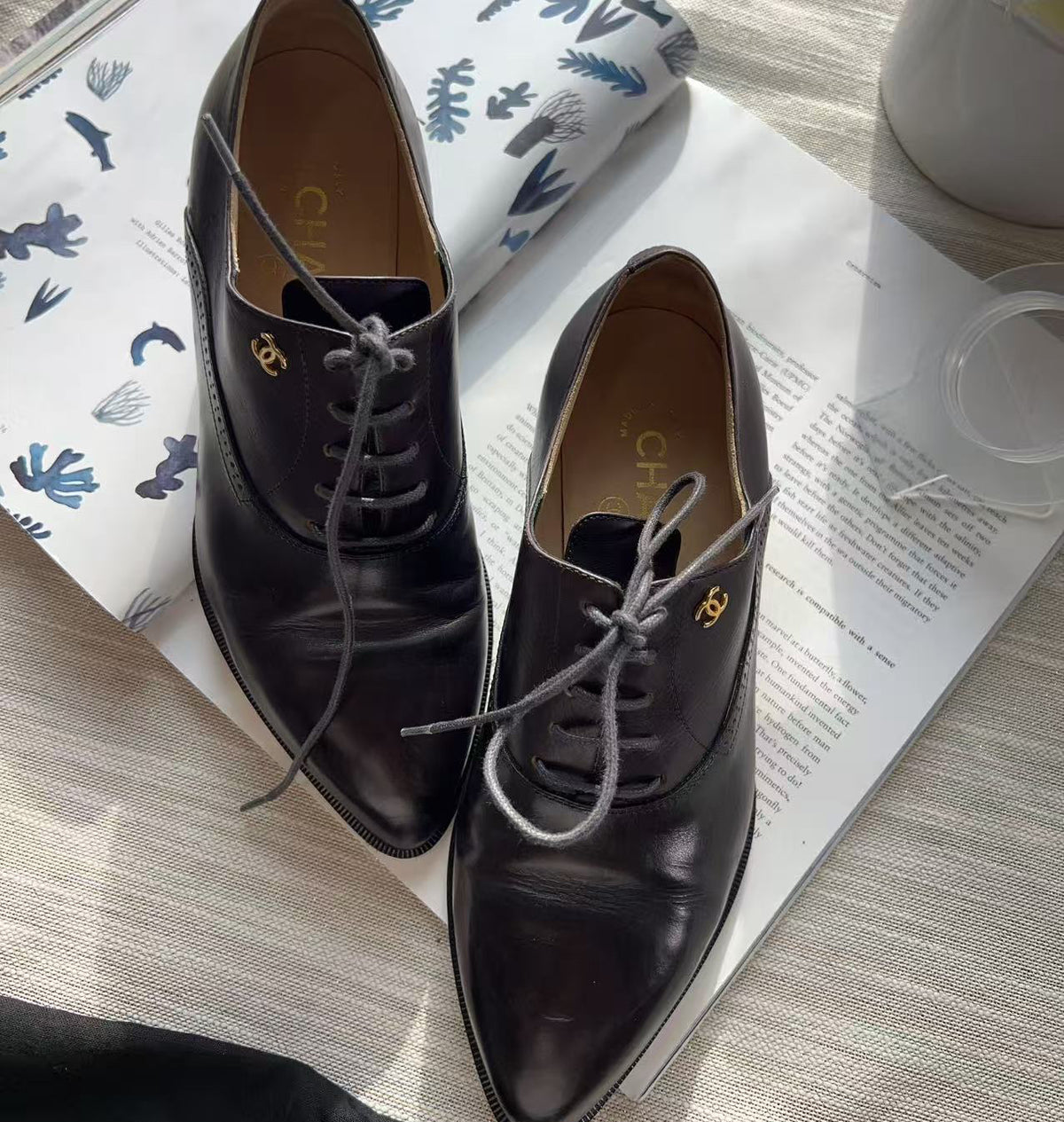 A pair of dark brown leather lace-up oxford shoes with gold-tone logo hardware, displayed on top of an open book.