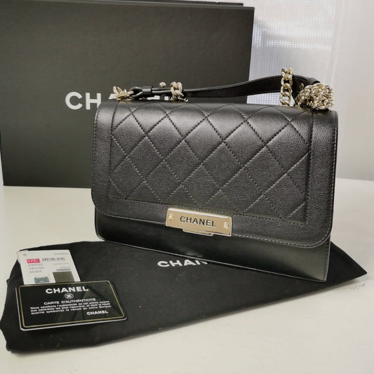 Chanel Quilted Caviar Label Click Flap Leather Top Handle Bag Black